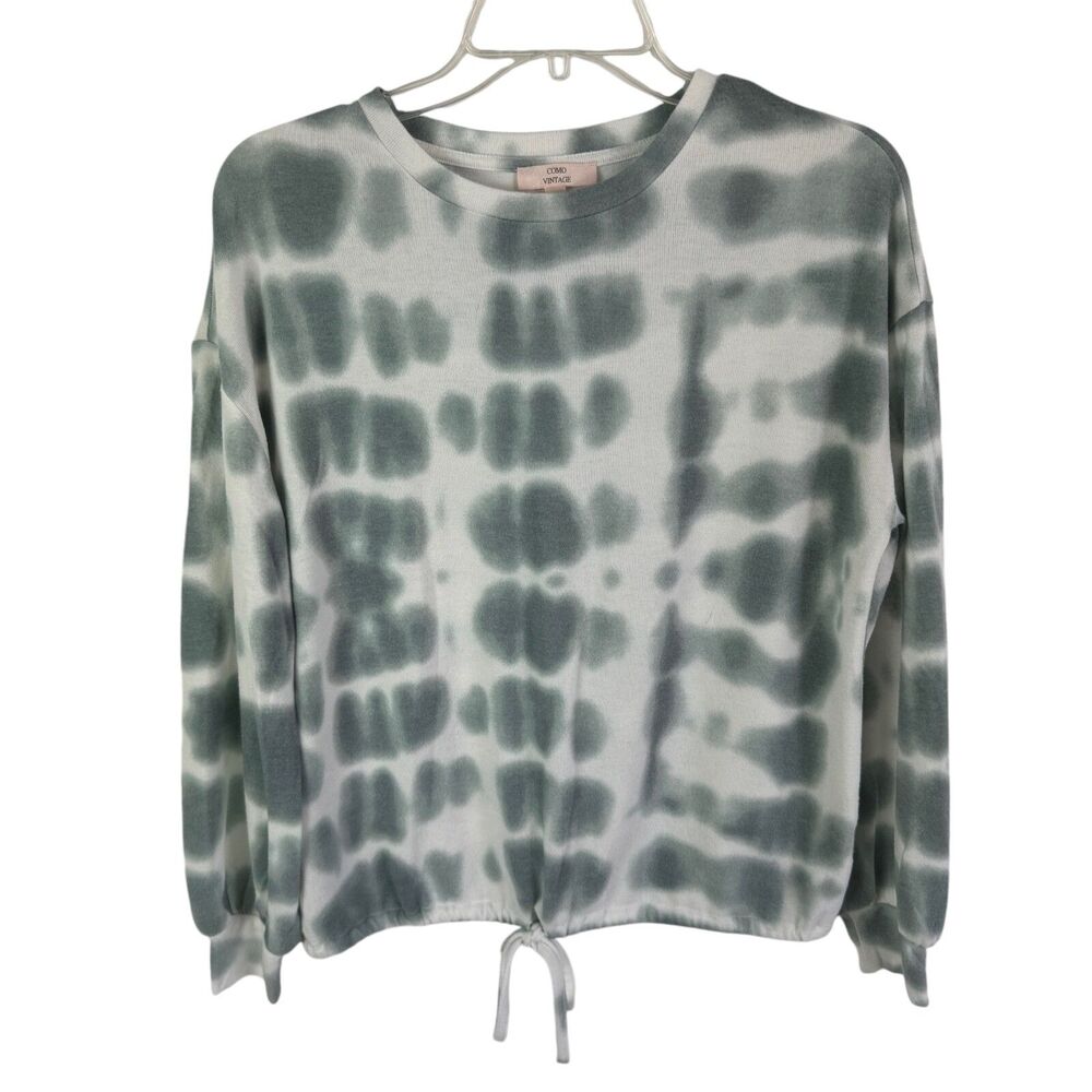 Como Vintage Womens Sweatshirt Small Gray/White Tie Dye Print Cropped Drawstring
